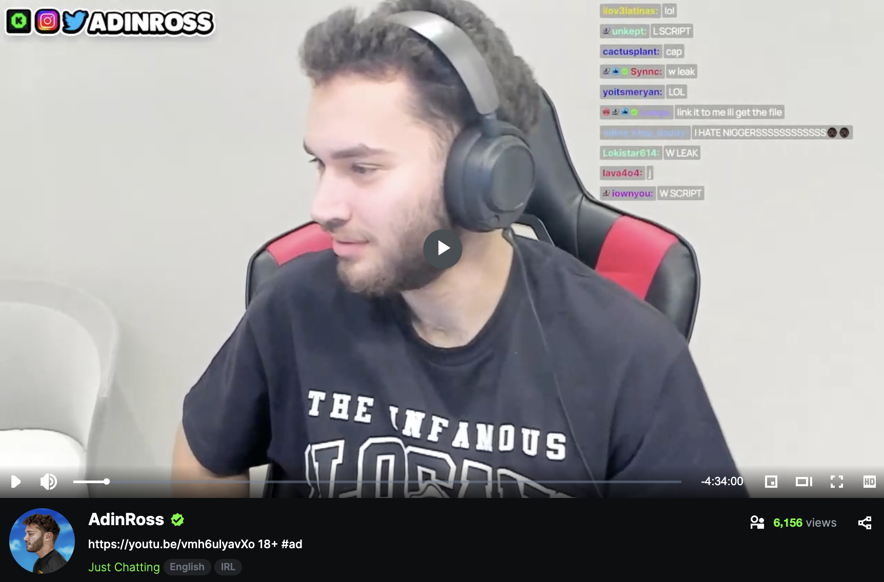 Adin Ross gambling stream racist 