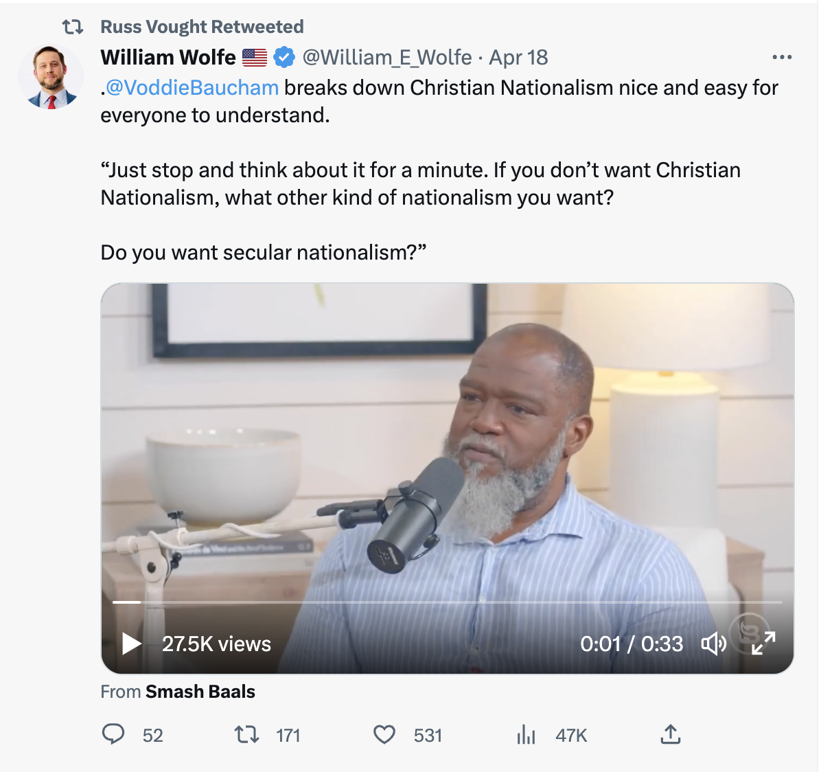 . @VoddieBaucham  breaks down Christian Nationalism nice and easy for everyone to understand.   “Just stop and think about it for a minute. If you don’t want Christian Nationalism, what other kind of nationalism you want?  Do you want secular nationalism?”