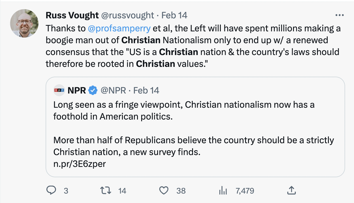 Thanks to @profsamperry et al, the Left will have spent millions making a boogie man out of Christian Nationalism only to end up w/ a renewed consensus that the "US is a Christian nation & the country's laws should therefore be rooted in Christian values."