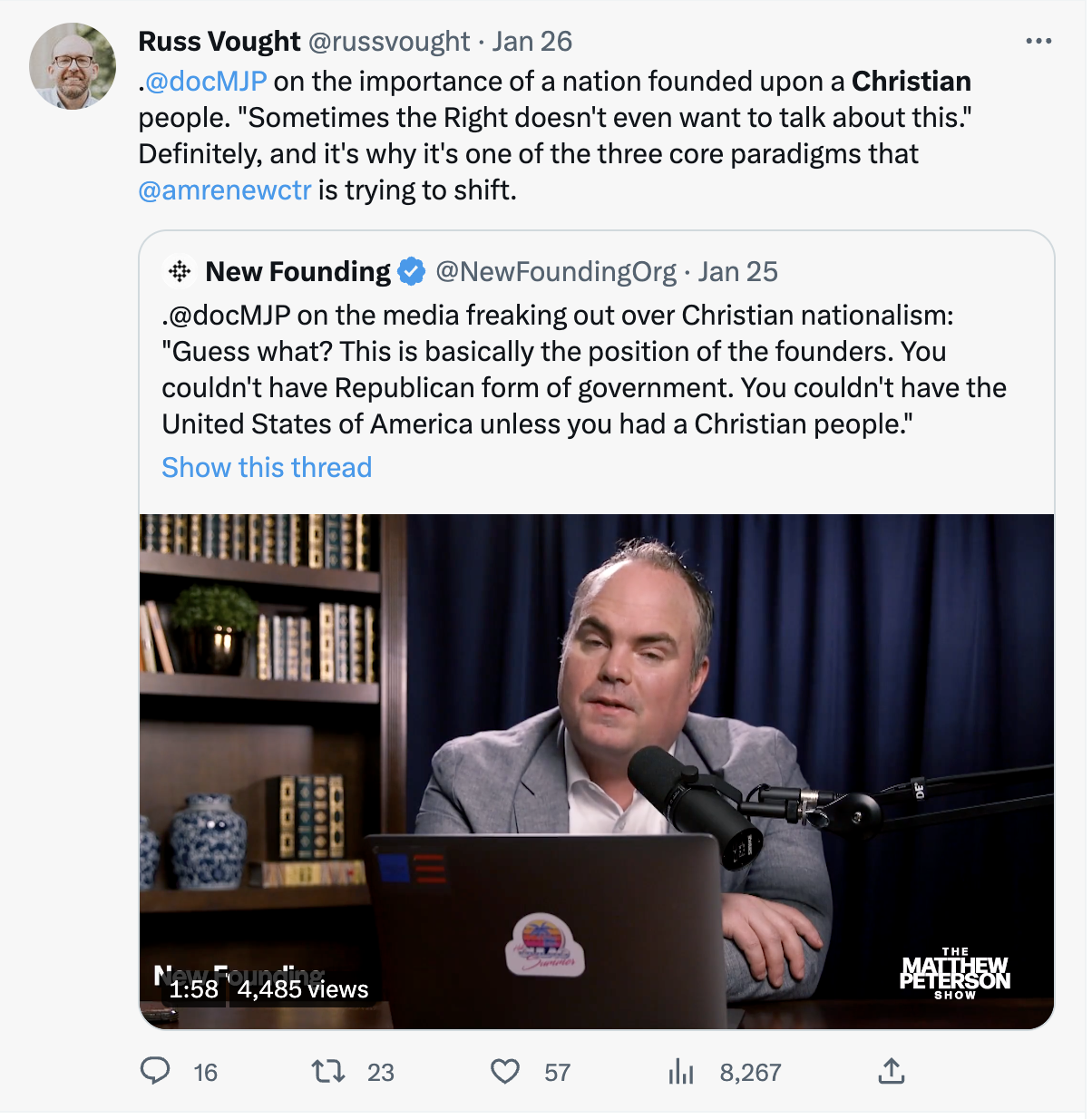 @docMJP on the importance of a nation founded upon a Christian people. "Sometimes the Right doesn't even want to talk about this." Definitely, and it's why it's one of the three core paradigms that @amrenewctr is trying to shift.