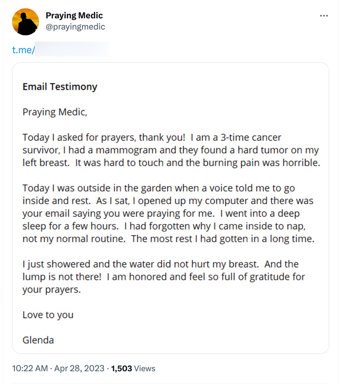 Praying Medic first tweet back on April 28