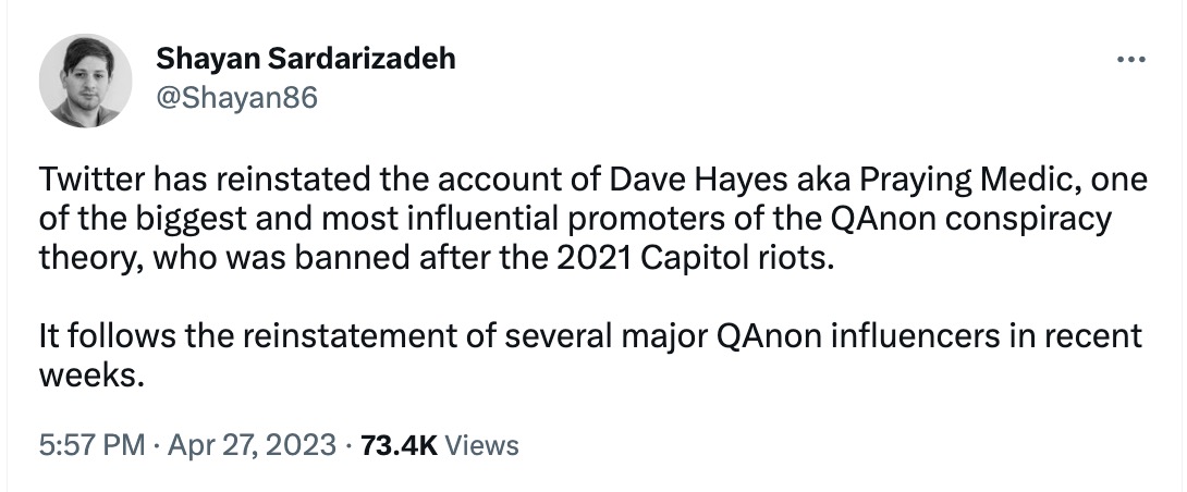 Shayan Sardarizadeh tweet saying Praying Medic has been reinstated