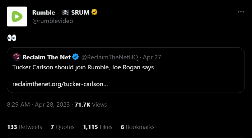 Rumble tweet expressing interest in having Tucker join the platform