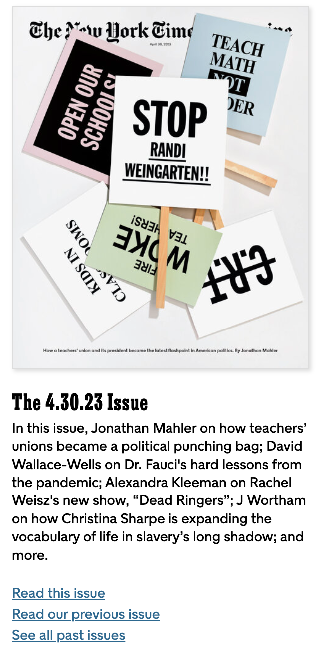 The 4/30/23 cover of the New York Times with picket signs against Randi Weingarten 