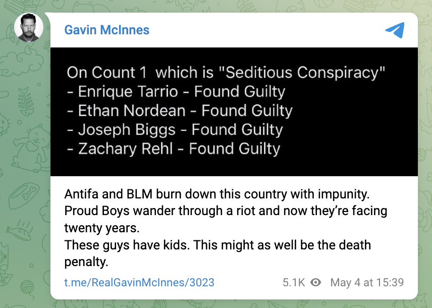 Gavin McInnes: "Antifa and BLM burn down this country with impunity. Proud Boys wander through a riot and now they’re facing twenty years. These guys have kids. This might as well be the death penalty."