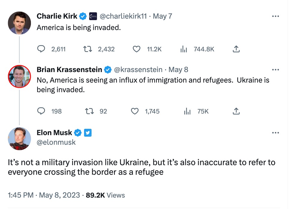 Musk responding to Kirk's anti-immigrant tweets