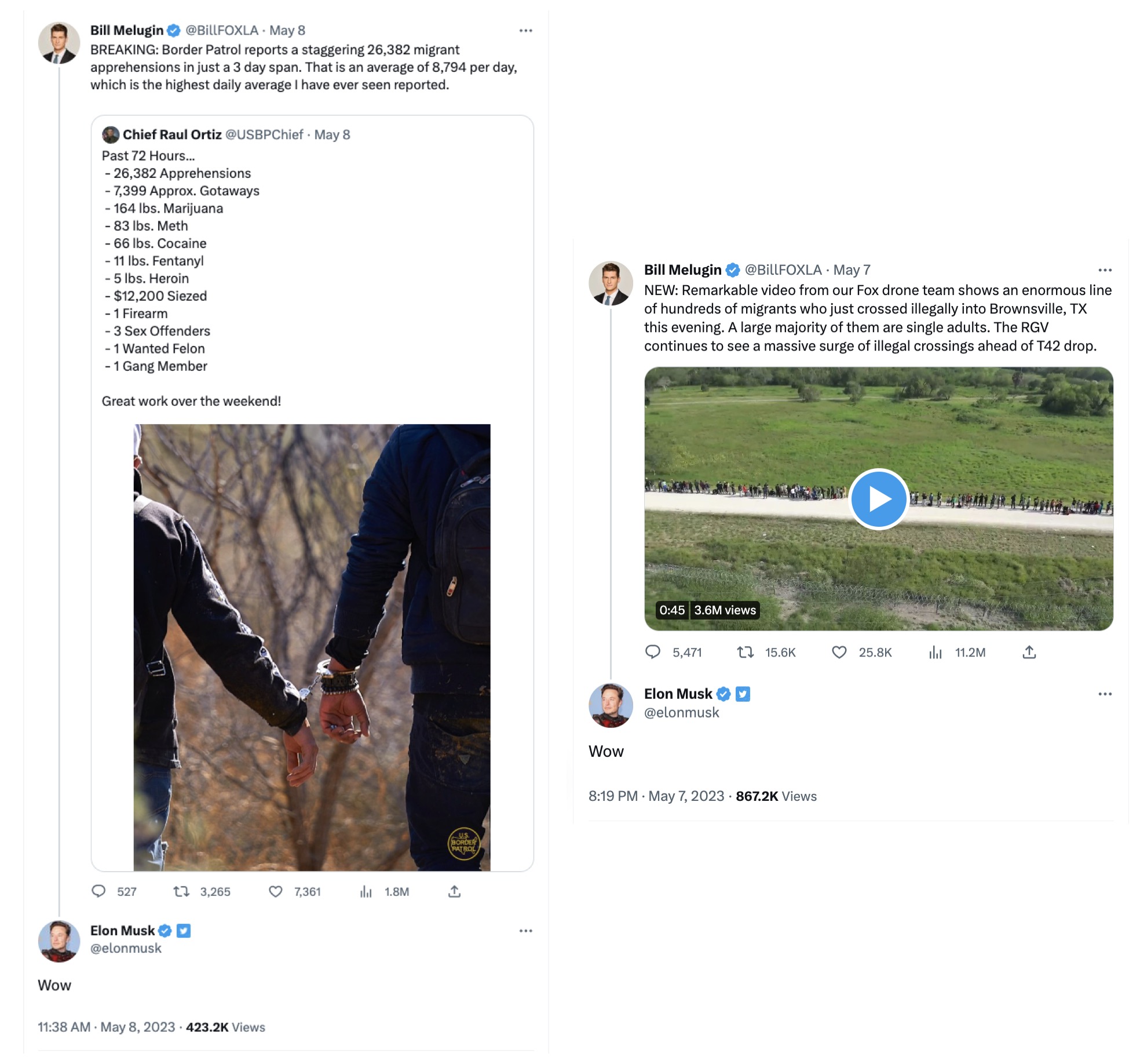 Musk amplifying Melugin's tweets
