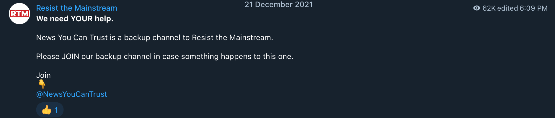 Resist the Mainstream backup channel
