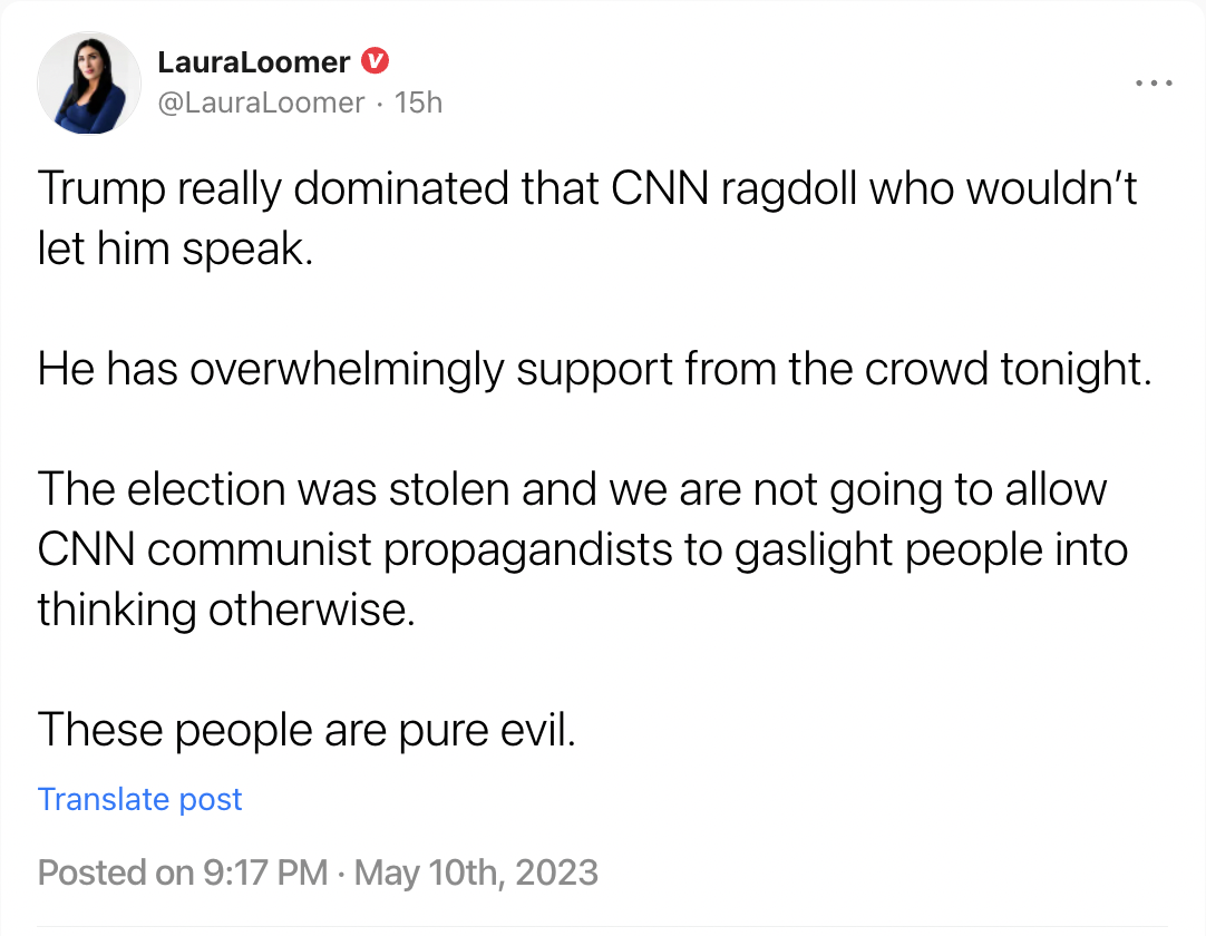 Trump really dominated that CNN ragdoll who wouldn’t let him speak.   He has overwhelmingly support from the crowd tonight.   The election was stolen and we are not going to allow CNN communist propagandists to gaslight people into thinking otherwise.  These people are pure evil.