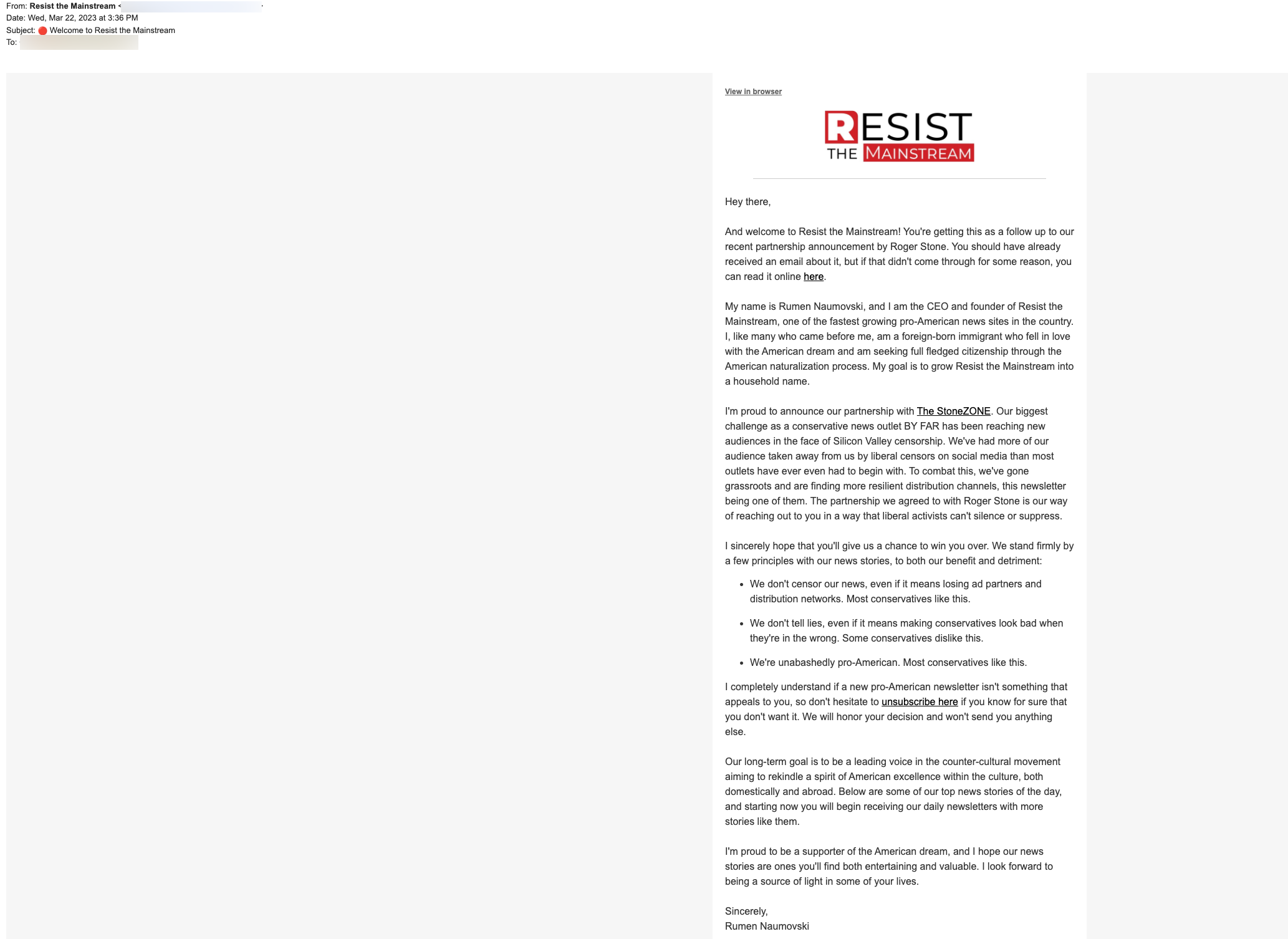 Resist the Mainstream Roger Stone partnership email