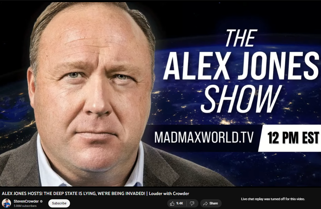 Alex Jones Steven Crowder Infowars ban evasion YouTube graphic