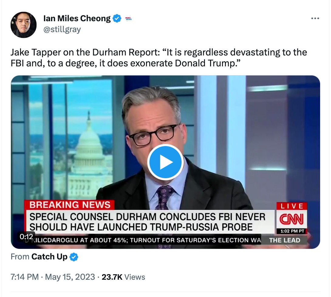 Ian Miles Cheong amplifying Tapper's commentary about Durham report