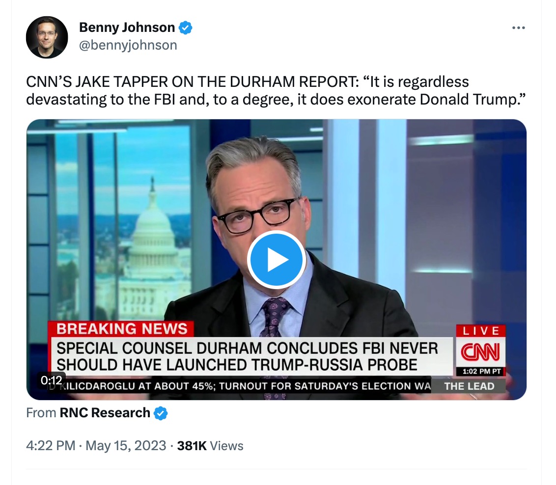 Benny Johnson amplifying Tapper commentary about Durham report