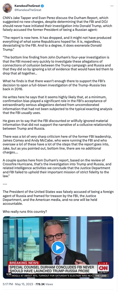 Kanekoa amplifying Tapper commentary on Durham report