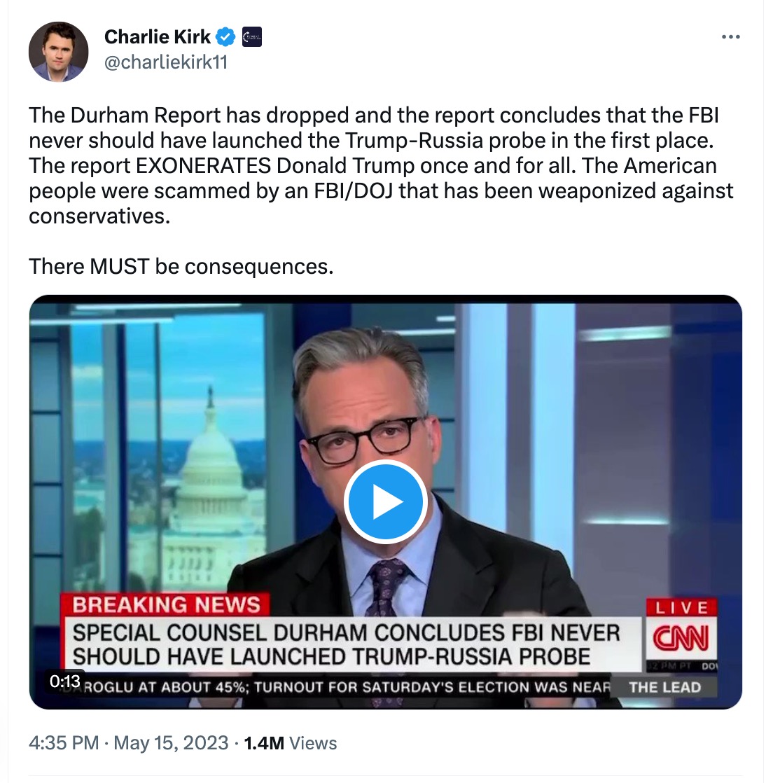 Charlie Kirk amplifying Tapper commentary about Durham report