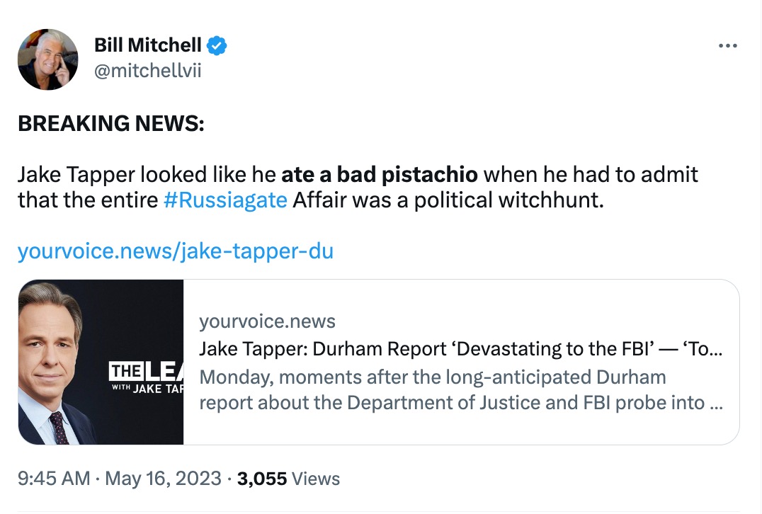 QAnon-lover Bill Mitchell amplifying Tapper commentary about Durham report