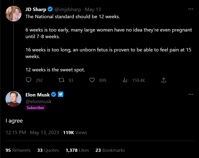 Musk tweet agreeing with national 12 week abortion ban
