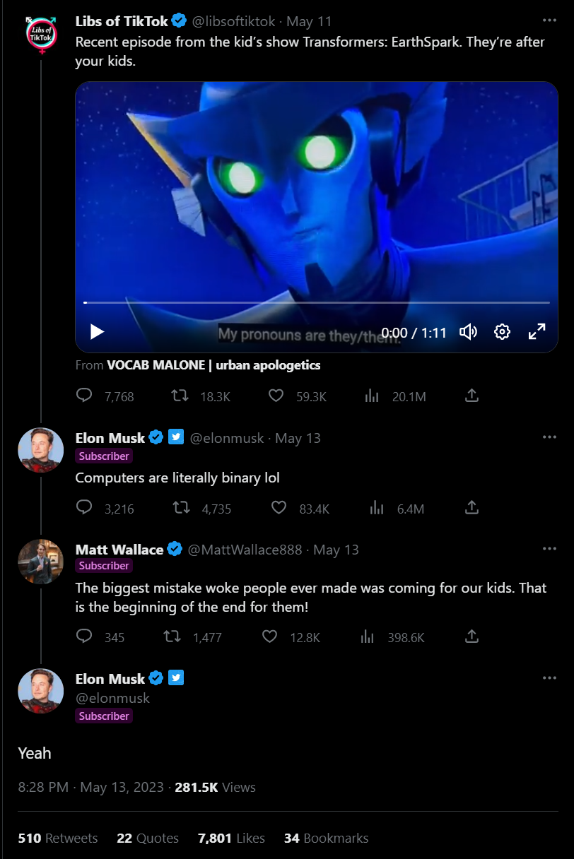 Musk tweet agreeing woke people are coming after kids 