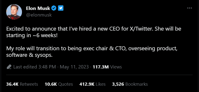 Musk tweet announcing new CEO