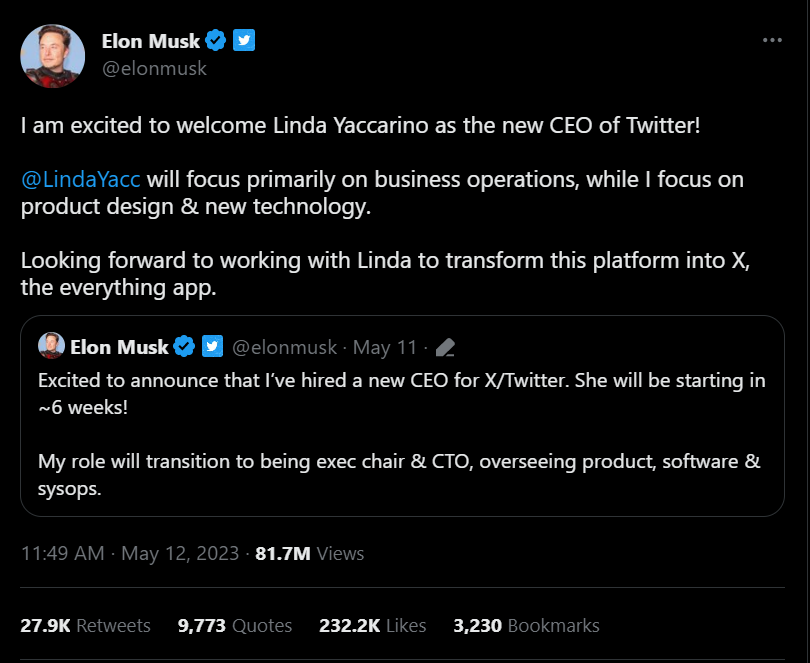 Musk tweet announcing Yaccarino