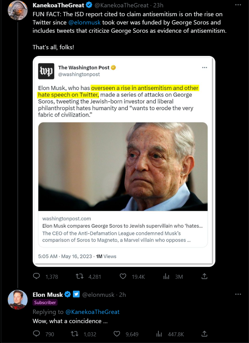 Musk Kanekoa Soros tweets