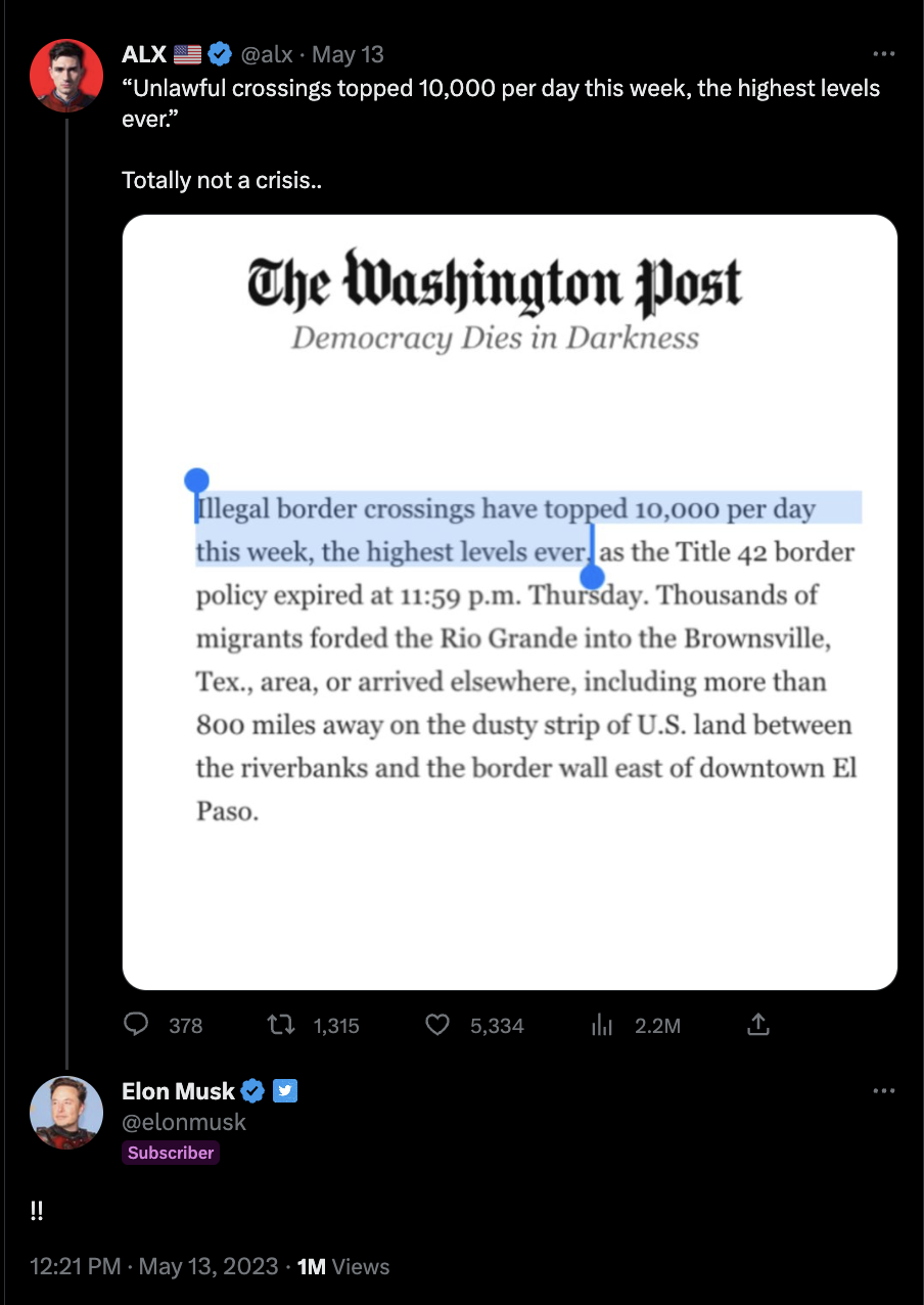 A screenshot from Twitter shows a tweet from user ALX where they tweet, "Unlawful crossings topped 10,000 per day this week, the highest levels ever." In response below, Elon Musk tweeted, "!!"