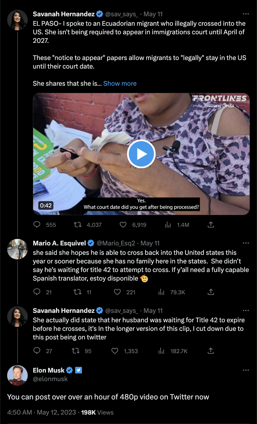 A screenshot of Twitter shows a tweet from Savanah Hernandez that shows a video of a woman saying that "her husband is waiting for Title 42 to expire before he crosses" the southern US border. In response below, Elon Musk tweeted, "You can pist over over an hour of 480p video on Twitter now."