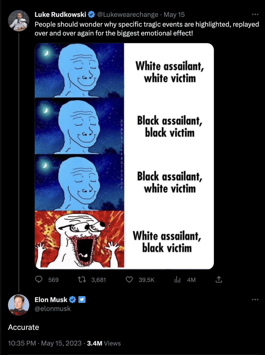A screenshot of Twitter shows a tweet from Luke Rudkowski that says, "People should wonder why specific targic events are highlighted, replayed over and over again for the biggest emotional effect!" The tweet also has a Wojak meme that claims to depict that there is only public outcry to crime when the assailant is white and the victim is Black. In a reply below, Elon Musk tweeted, "Accurate." The tweets were posted on May 15, 2023.