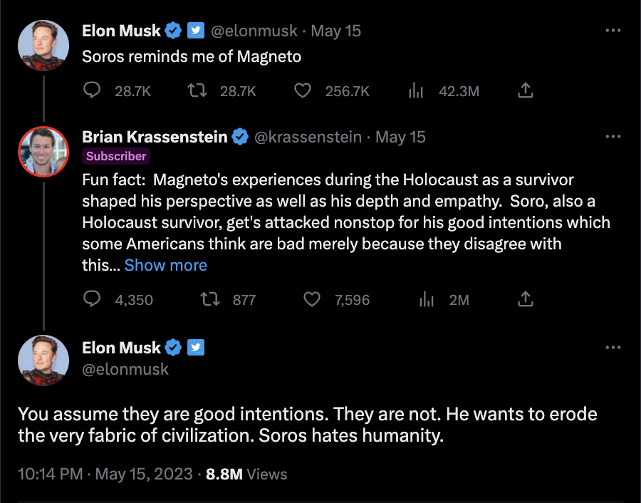 A screenshot of Twitter shows a tweet from Elon Musk that says, "Soros reminds me of Magneto." A reply from Brian Krassenstein reads,  "...Soro, also a Holocaust survivor, get's attacked nonstop for his good intentions which some Americans think are bad merely because they disagree with this political affiliations." Musk replied back, saying, "You assume they are good intentions. They are not. He wants to erode the very fabric of civilization. Soros hates humanity."