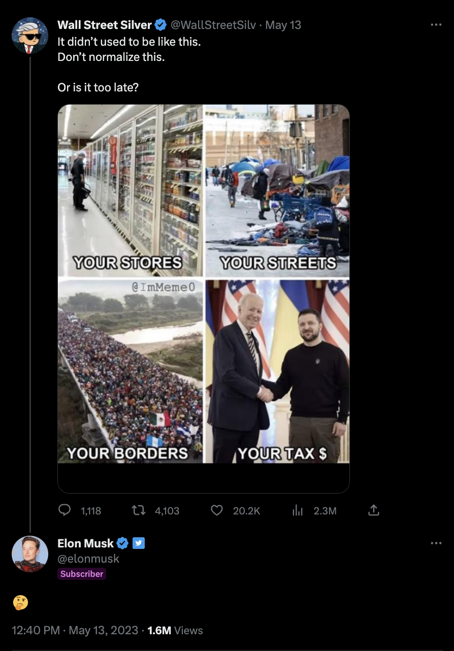 A screenshot from Twitter shows a tweet from Wall Street Silver that reads, "It didn't used to be like this. Don't normalize this. Or is it too late?" In response, Elon Musk tweeted, "🤔”