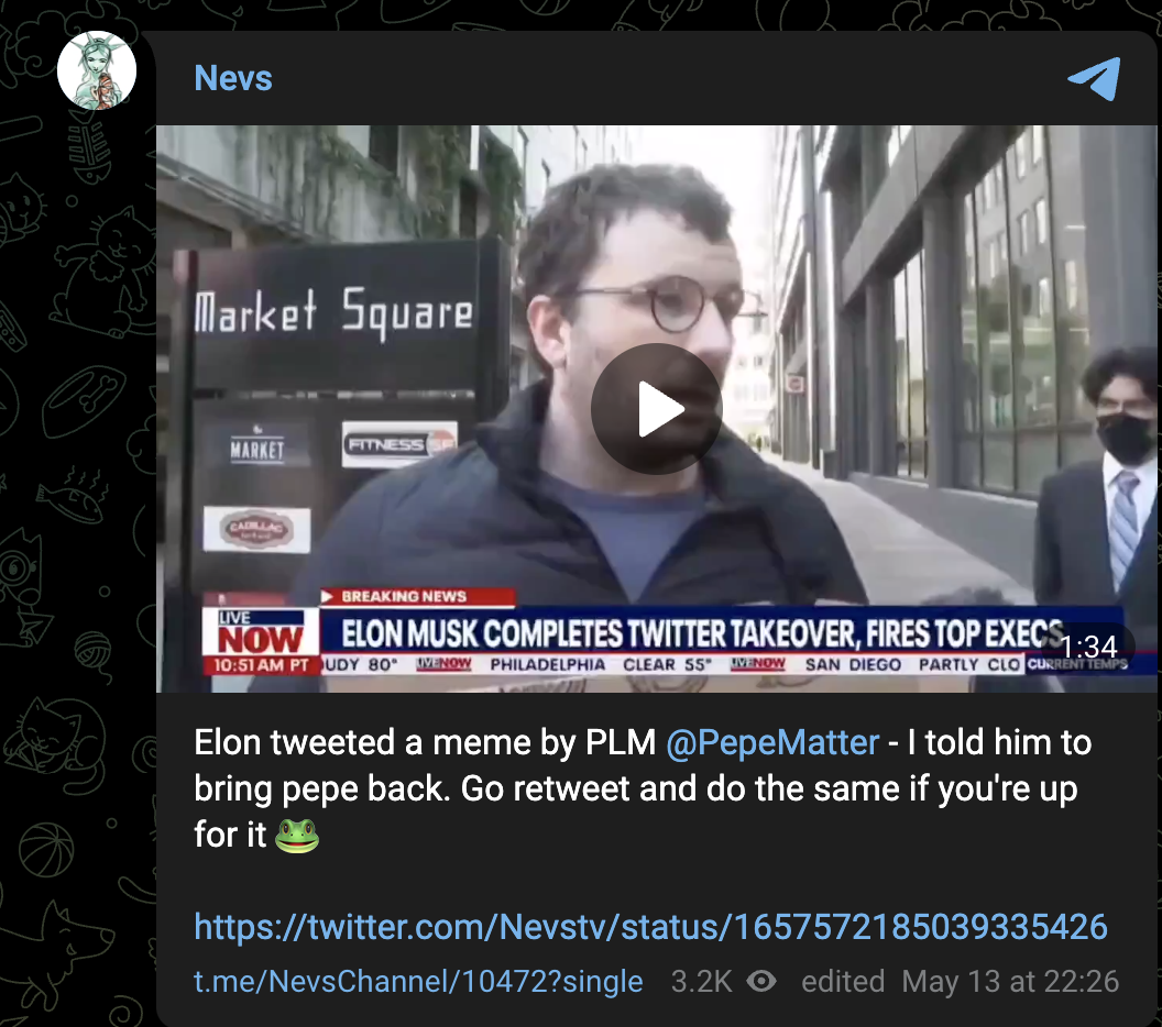 A screenshot from Telegram shows user Nevs posting a video of a news story about Twitter layoffs, with an image of Pepe the Frog slowly moving into the frame of the video from the bottom-left corner. With the video, Nevs posted, "Elon tweeted a meme by PLM @PepeMatter - I told him to bring pepe back. Go retweet and do the same if you're up for it  🐸," with a link to Musk's tweet.