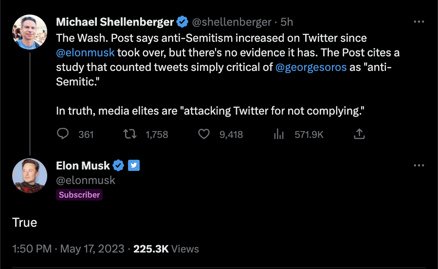 A screenshot from Twitter shows a tweet from Michael Shellenberger that says, "The Wash. Post says anti-Semitism increased on Twitter since @elonmusk took over, but there's no evidence that it has. The Post cites a study that counted tweets simply critical of @georgesoros as 'anti-Semitic.' In truth, media elites are 'attacking Twitter for not complying.'" In response, Musk tweeted, "True."