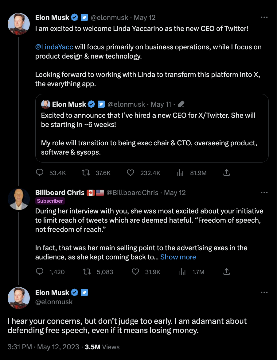 A screenshot of Twitter shows a tweet thread between users Elon Musk and Billboard Chris. Musk announces the appointment of Lina Yaccarino as Twitter's new CEO, and Billboard Chris responds with doubt, saying that "she's a long-term mistake." Musk responds back, saying, "I hear your concerns, but don't judge too early. I am adamant about defending free speech, even if it means losing money."