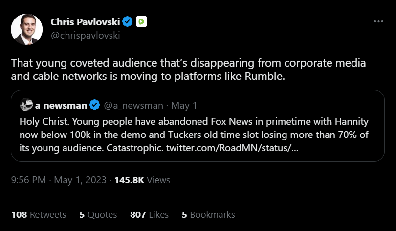 Pavlovski tweet about young people joining Rumble