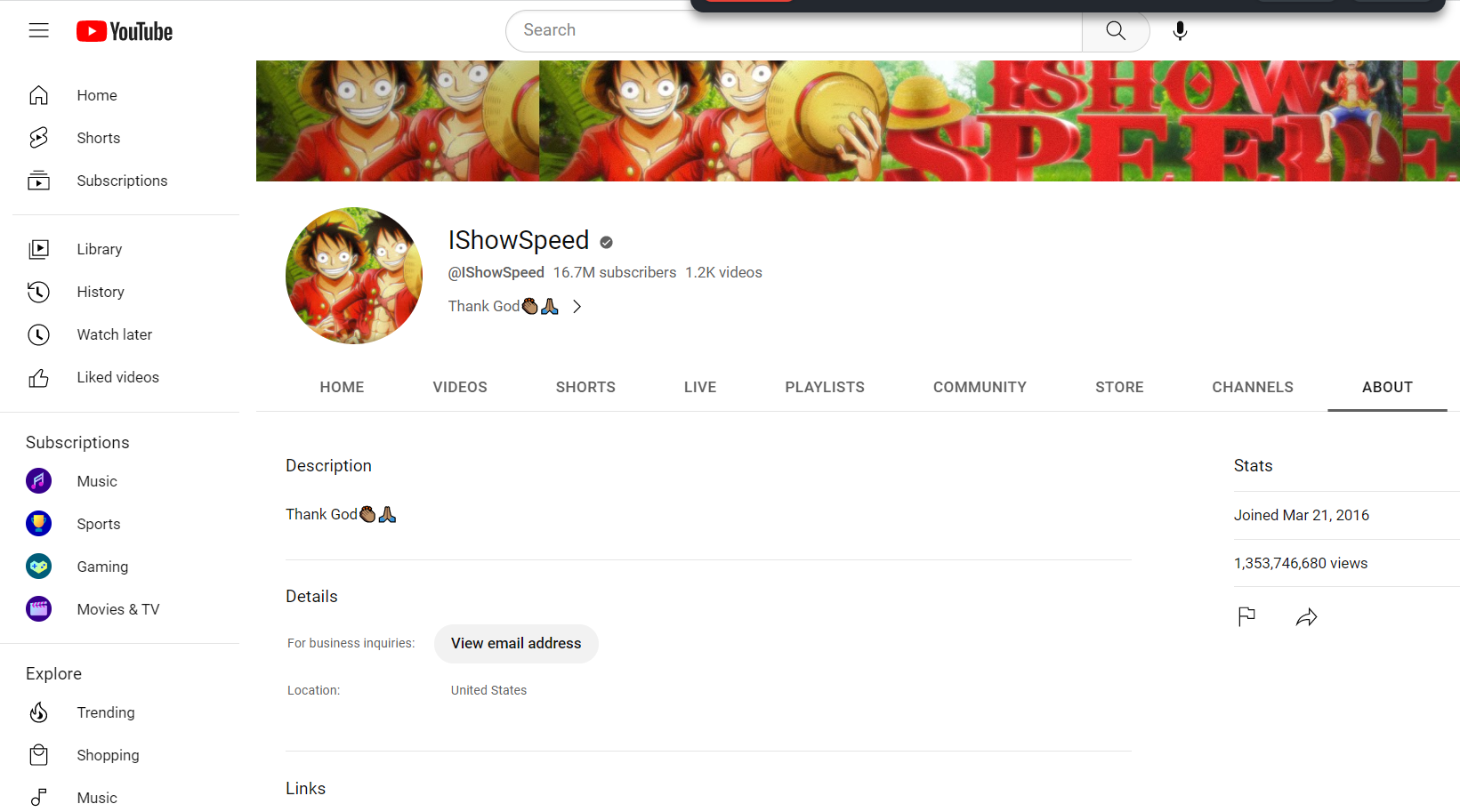 IShowSpeed YouTube channel as of 20230519