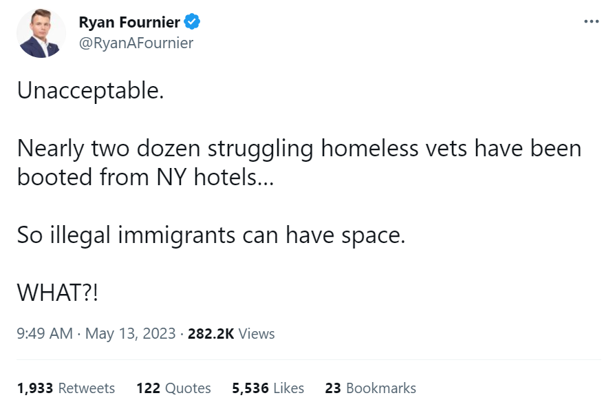 Unacceptable.  Nearly two dozen struggling homeless vets have been booted from NY hotels…  So illegal immigrants can have space.  WHAT?!