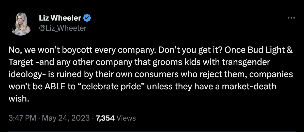 A screenshot from Twitter shows a tweet from Liz Wheeler that says, "No, we won’t boycott every company. Don’t you get it? Once Bud Light & Target -and any other company that grooms kids with transgender ideology- is ruined by their own consumers who reject them, companies won’t be ABLE to “celebrate pride” unless they have a market-death wish."