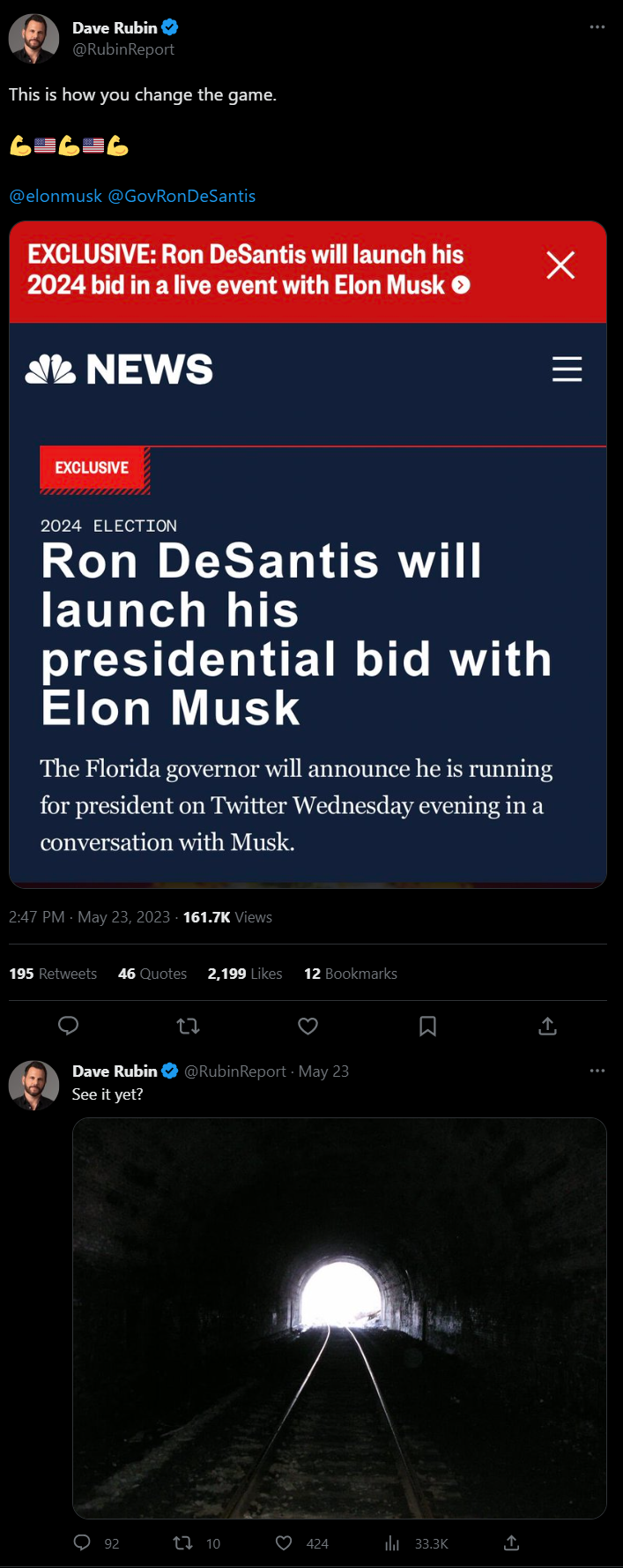 Dave Rubin tweet praising DeSantis decision to announce on Twitter
