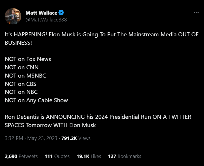 Matt Wallace tweet praising DeSantis decision to announce on Twitter