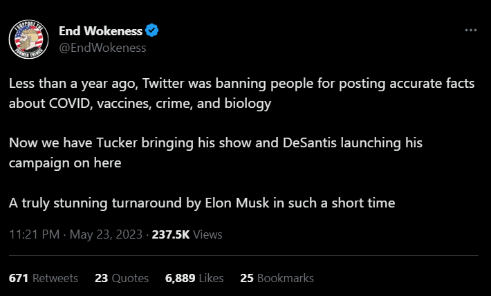 End Wokeness tweet praising Musk over DeSantis announcement