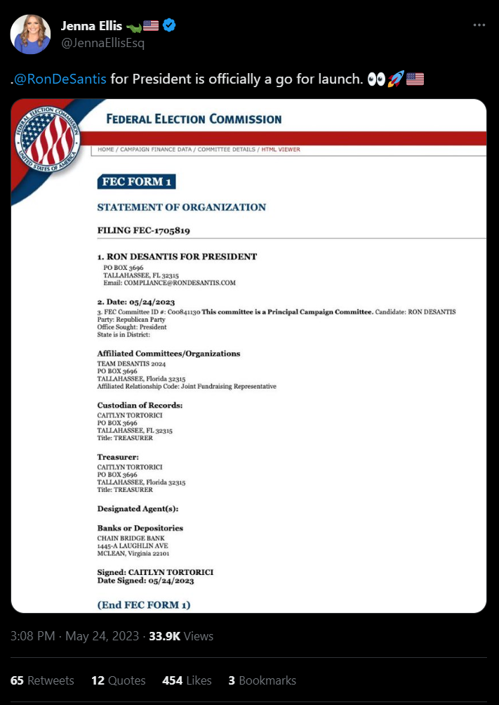 Jenna Ellis tweet celebrating DeSantis filing