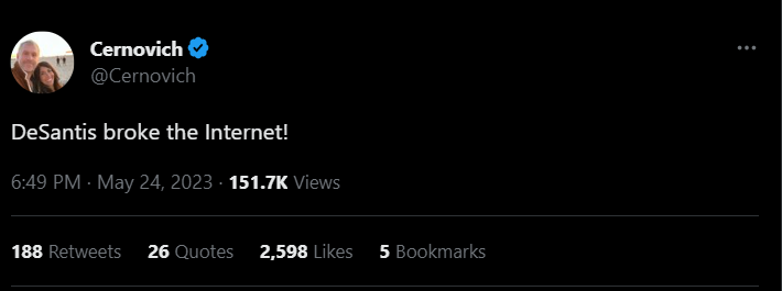 Cernovich tweet saying Musk broke the internet