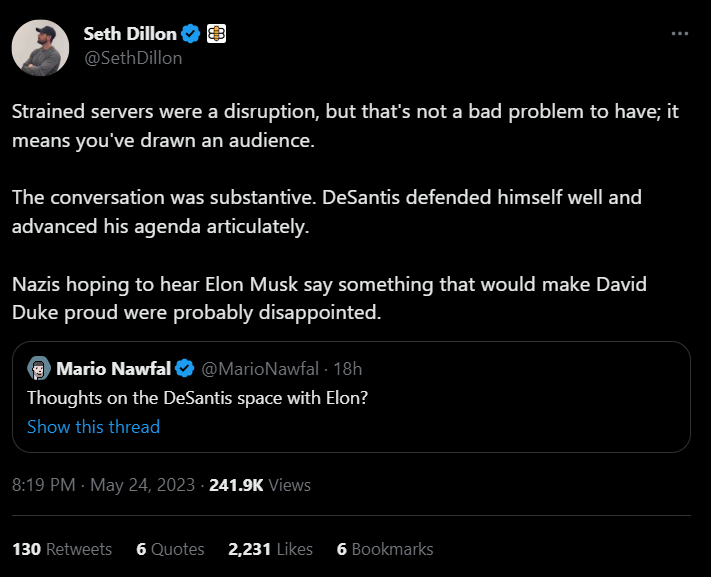 Seth Dillon tweet praising DeSantis twitter space