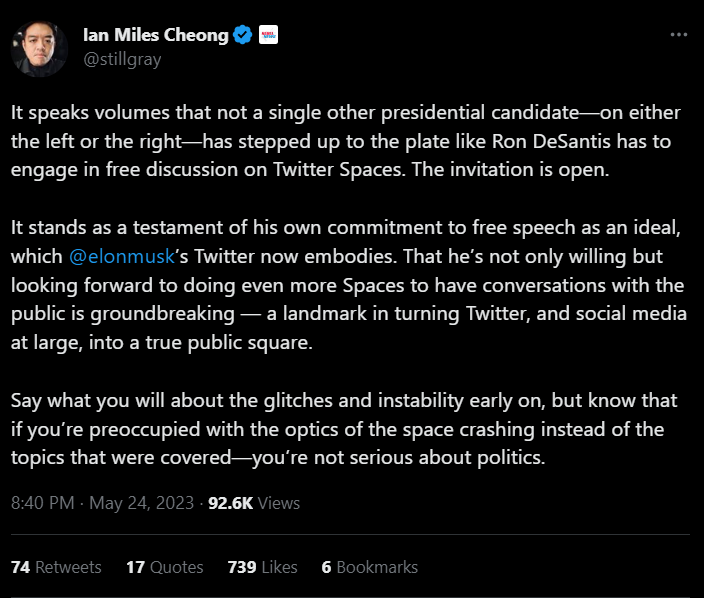 Ian Miles Cheong tweet praising DeSantis twitter space