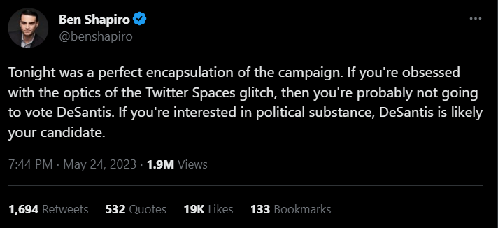 Ben Shapiro tweet praising DeSantis announcement