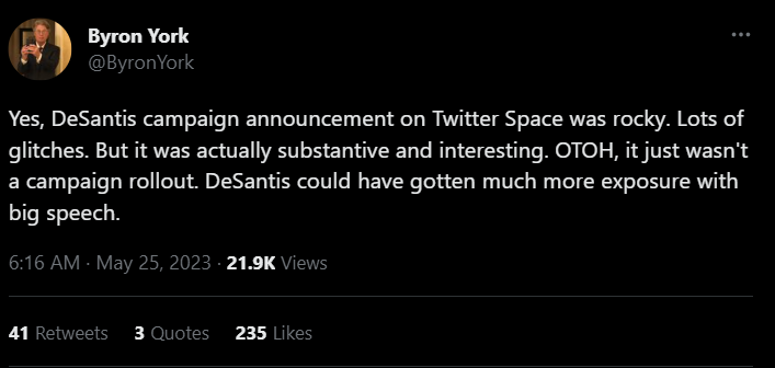 Byron York tweet praising DeSantis announcement