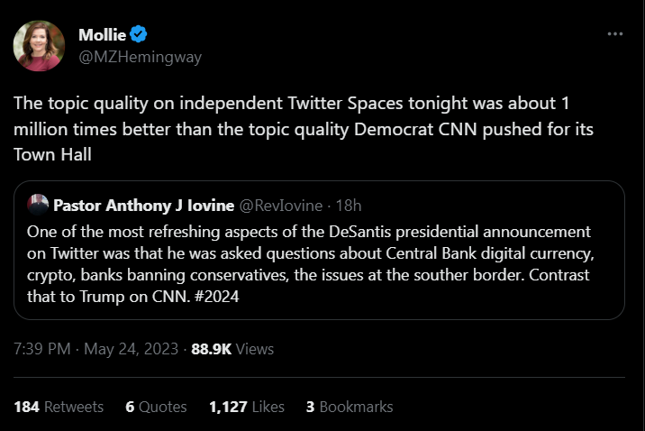 Molly Hemingway tweet praising Desantis announcement