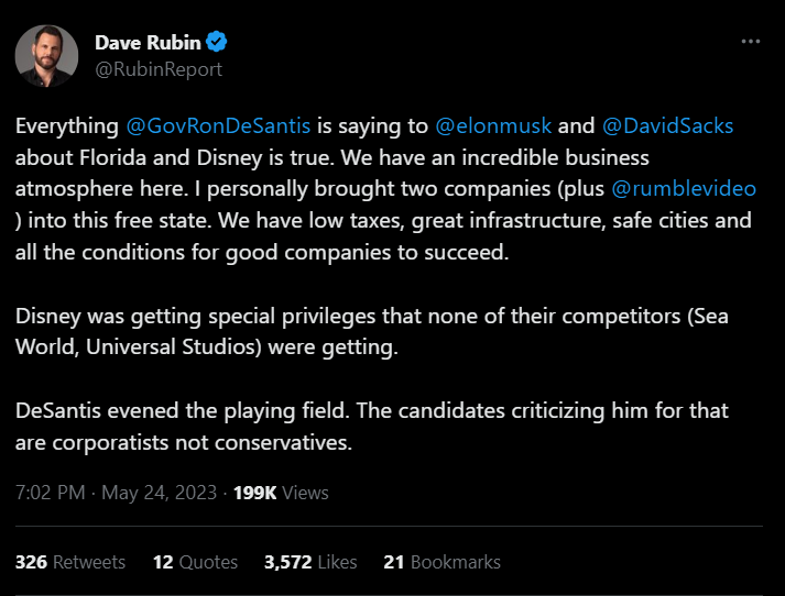 Dave Rubin tweet praising DeSantis and Florida