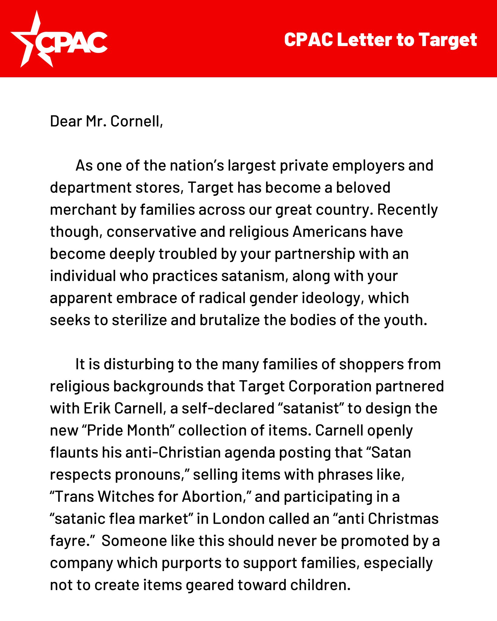 A letter from the Conservative Political Action Committee is shown addressed to Target CEO Brian Cornell from CPAC Chair Matt Schlapp, who is calling for Target to end their partnership with a "self described 'satanist'" Pride collection designer who is promoting an "anti-Christian agenda" through their designs