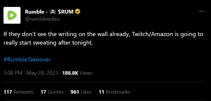 Rumble bragging tweet